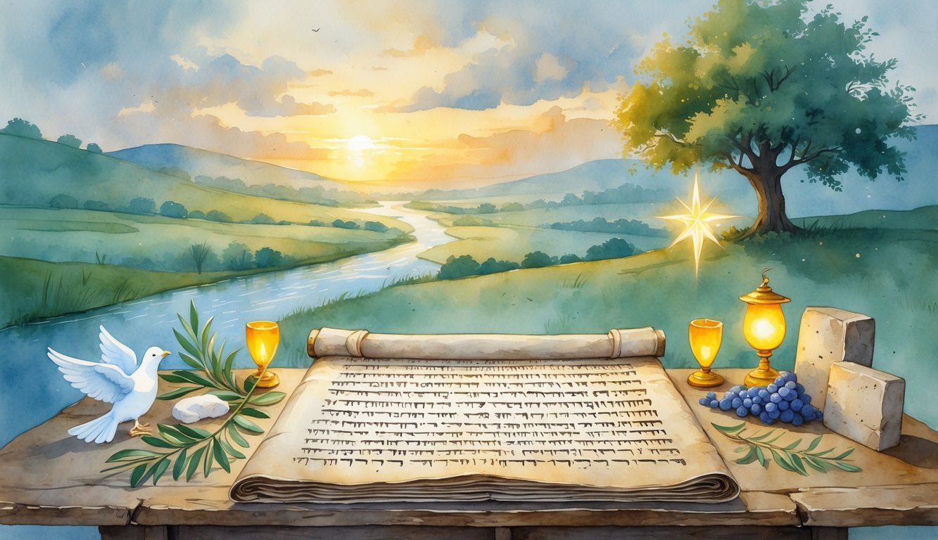 A peaceful scene showing an ancient scroll on a wooden table surrounded by ten symbolic biblical elements like an olive branch, dove, lamb, burning bush, grapes, star, river, cedar tree, lamp, and stone tablets, set against a misty landscape with hills and a sunrise.
