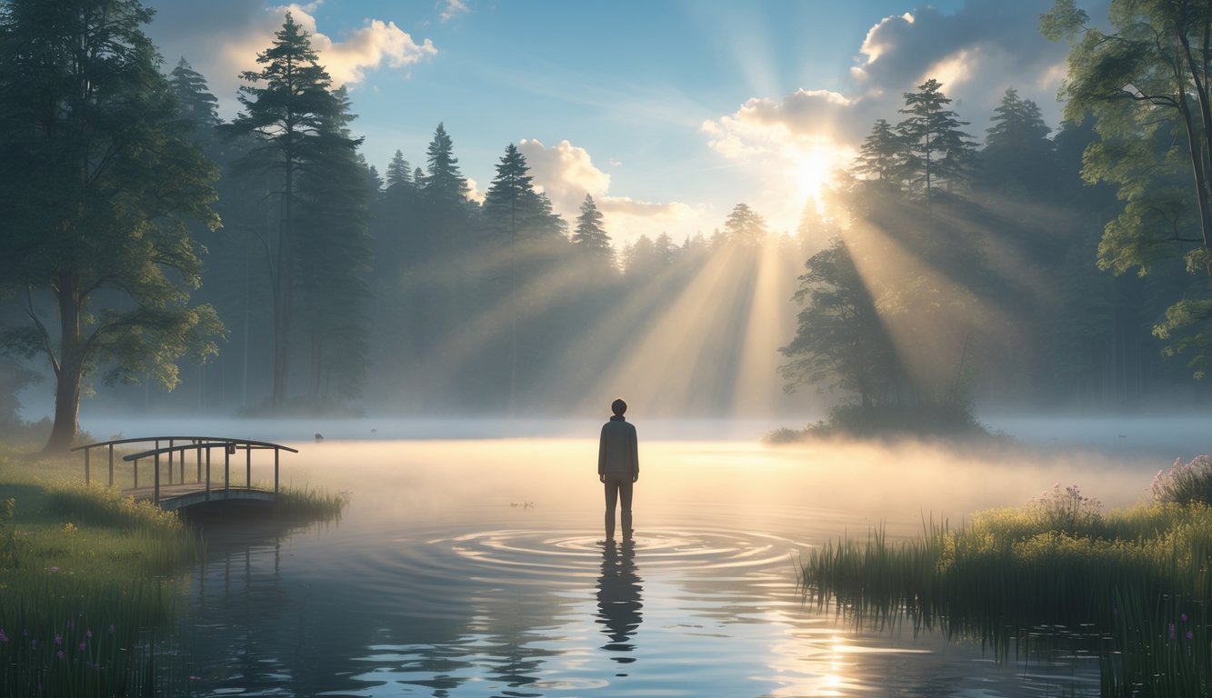 A person standing thoughtfully by a calm lake surrounded by trees with sunlight breaking through mist, symbolizing hope and renewal.