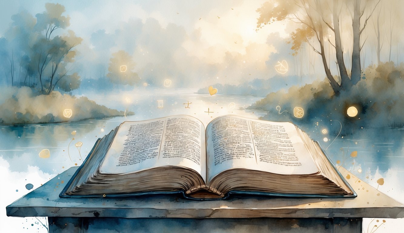 An open ancient book on a wooden table with glowing symbols floating above it, set against a peaceful misty landscape with trees and a river.