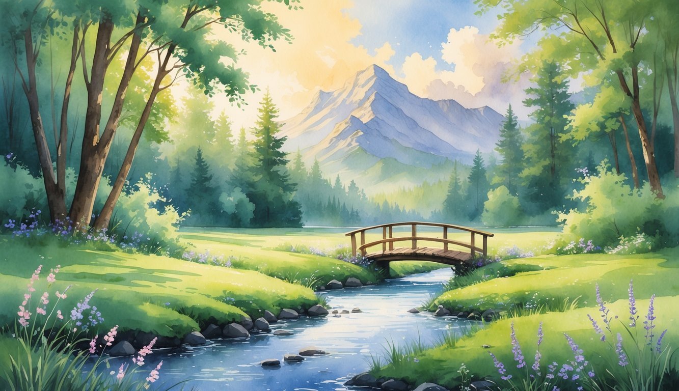 A peaceful forest scene with a gentle stream flowing under a wooden bridge, surrounded by wildflowers and mountains in the background.