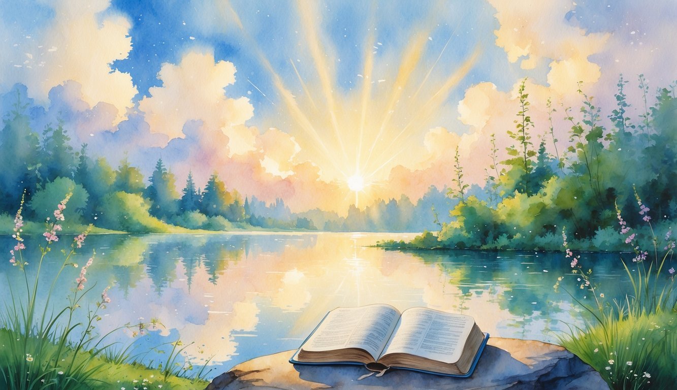 A peaceful lakeside scene at dawn with soft clouds, gentle light, wildflowers, and an open Bible on a rock near the water.