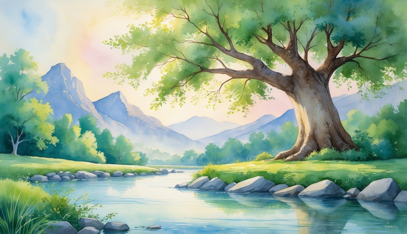 A peaceful scene with a large tree sheltering a calm river, surrounded by green plants and mountains in the background under a soft sky.
