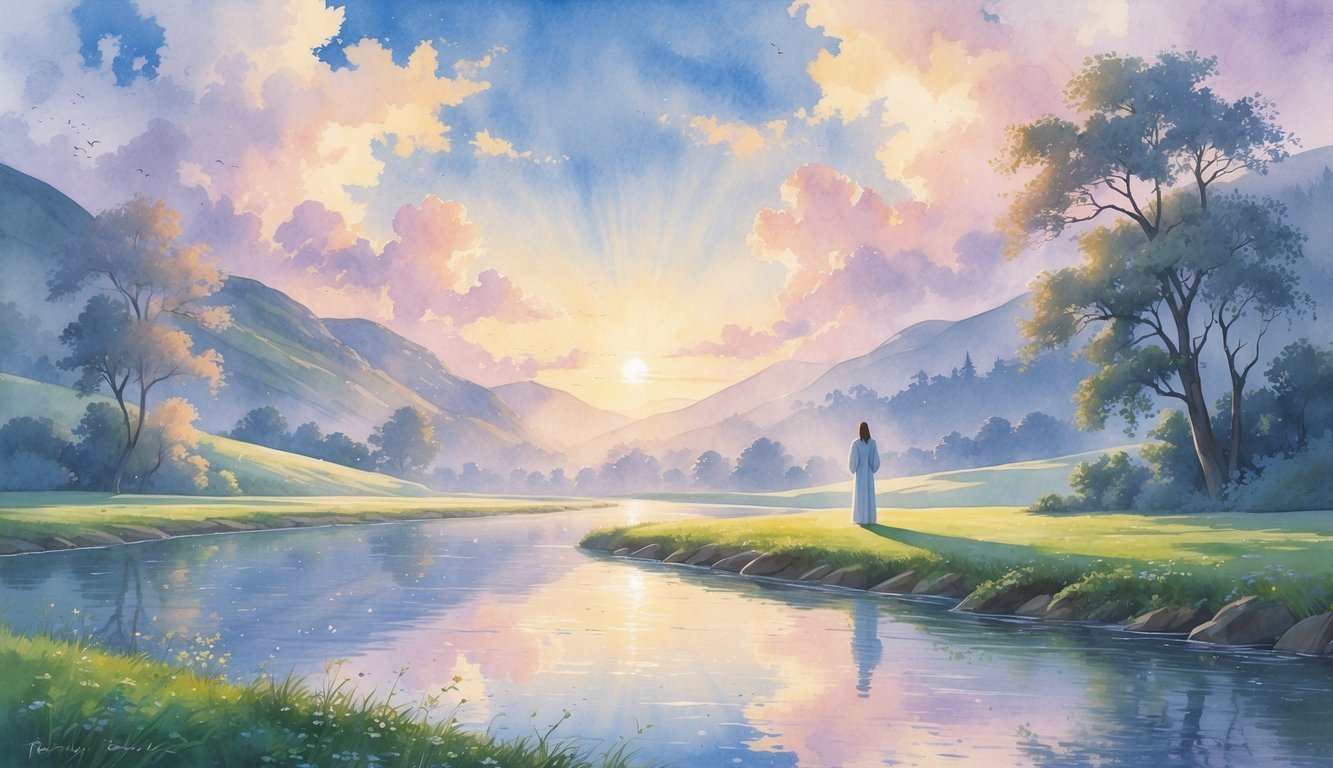 A peaceful river flowing through a valley with hills and trees at sunrise, a lone person standing quietly by the riverbank facing the horizon.