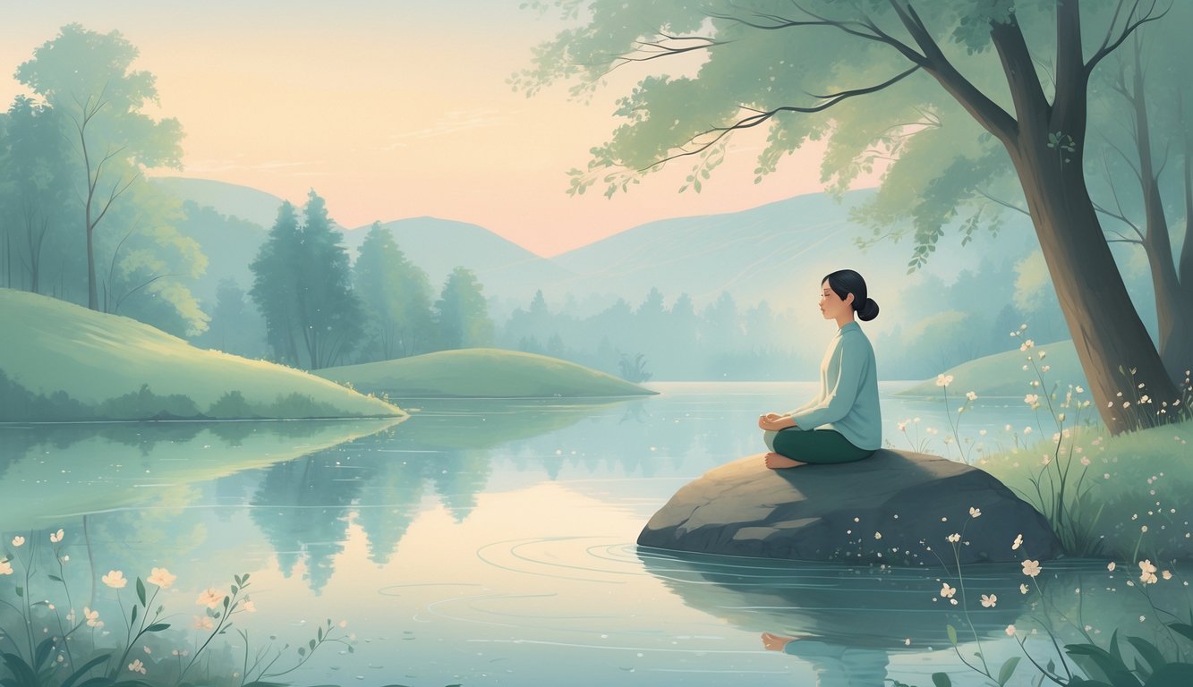 A person sitting peacefully by a calm lake surrounded by trees and hills at dawn.