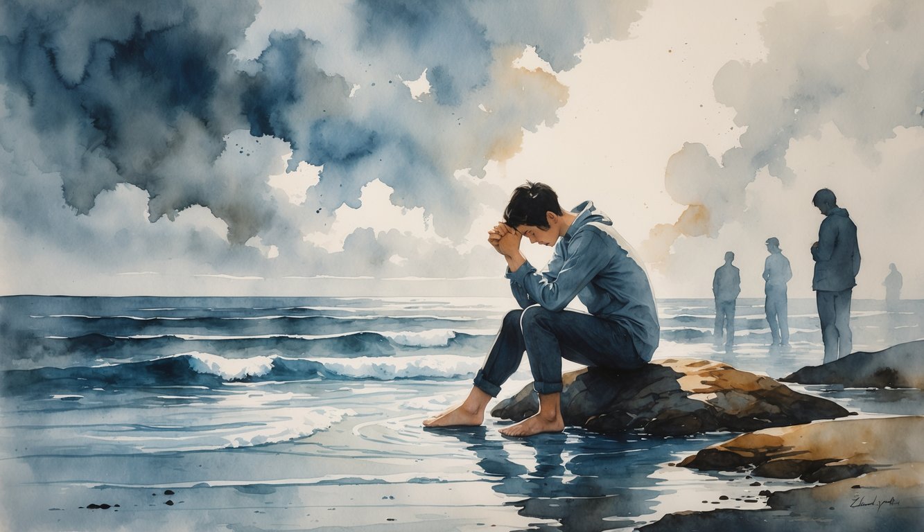 A solitary person sitting on a rocky shore under a cloudy sky, appearing deep in thought, with faint figures in the distance and gentle waves around them.