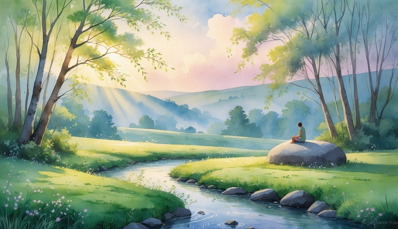 A peaceful scene of a person sitting quietly by a calm stream in a green meadow surrounded by trees and gentle hills under a soft morning sky.