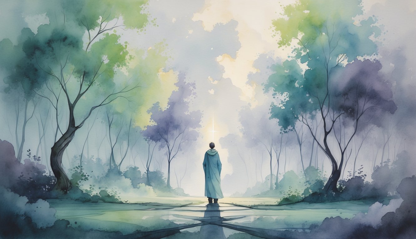 A person standing at a forest crossroads looking toward a faint glowing light in the sky, surrounded by trees and mist.