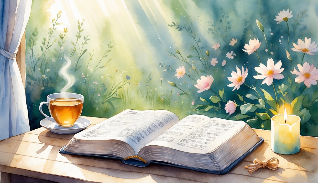 A peaceful morning scene with an open Bible on a wooden table, a steaming cup of tea, a lit candle, and fresh flowers, set against a quiet garden with blooming flowers and soft sunlight.