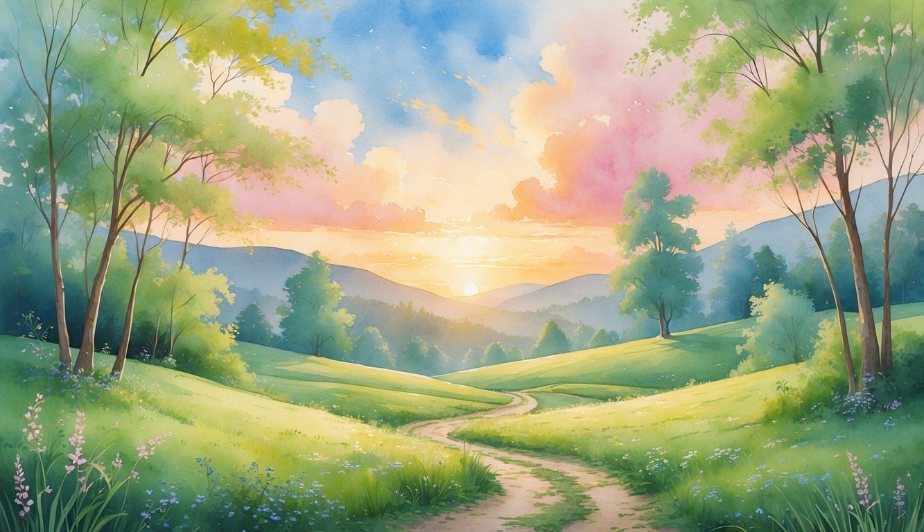 A peaceful sunrise over a green meadow with a winding path, wildflowers, trees, and distant hills under a colorful sky.