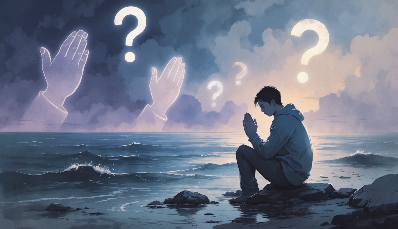 A person sitting alone by a rocky shore at twilight, looking thoughtfully at the turbulent sea under a cloudy sky.