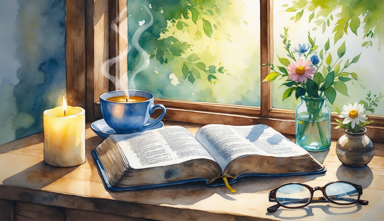 An open Bible on a wooden table next to a candle, a cup of tea, reading glasses, and a vase with flowers by a window with sunlight and green leaves outside.