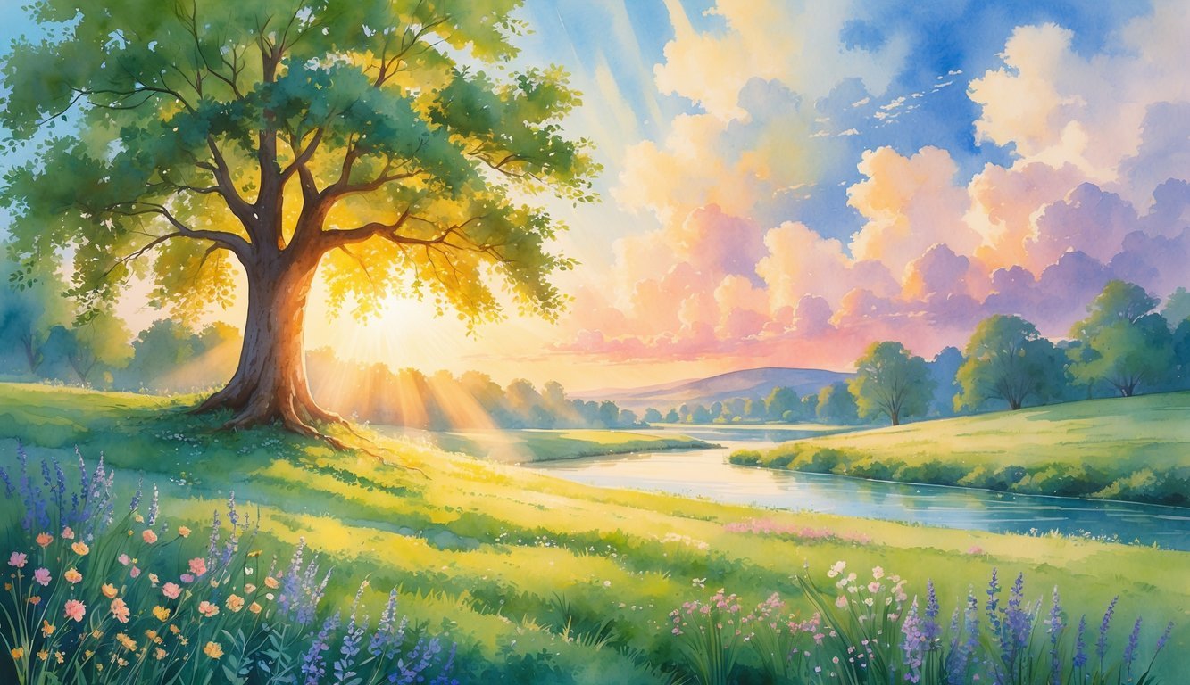 A peaceful sunrise over a hill with a strong oak tree, wildflowers, and a calm river under a colorful sky.
