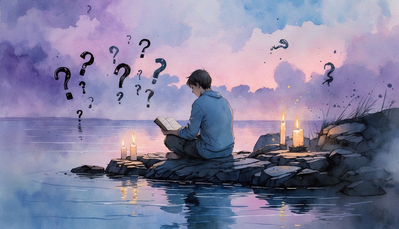 A person sitting alone on a rocky shore at twilight, looking thoughtfully at an open Bible on their lap, surrounded by mist and gentle water reflections.