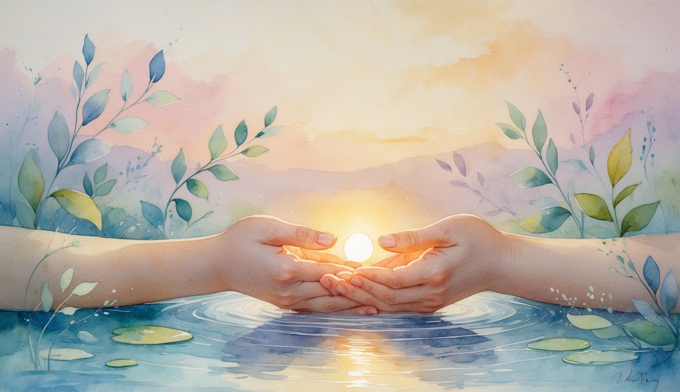 Hands gently holding a small glowing light surrounded by soft leaves and water ripples under a pastel dawn sky.