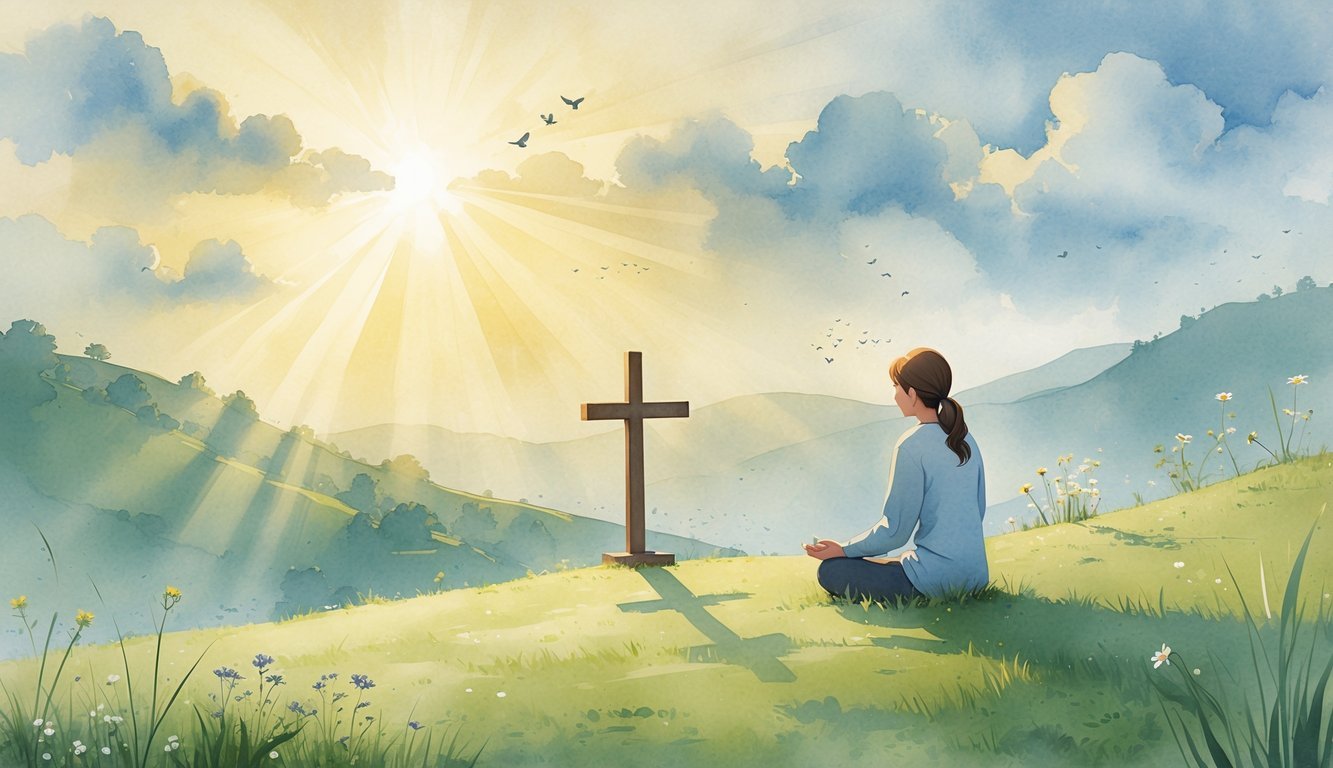 A person meditating quietly on a grassy hill at sunrise near a wooden cross surrounded by wildflowers and rolling hills.