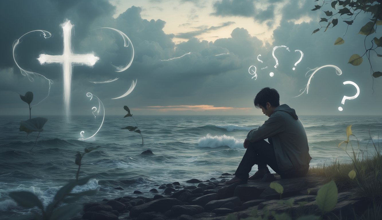 A person sitting alone on a rocky shore at dusk, looking thoughtfully at a turbulent sea under a cloudy sky, surrounded by faint symbols representing faith and doubt.