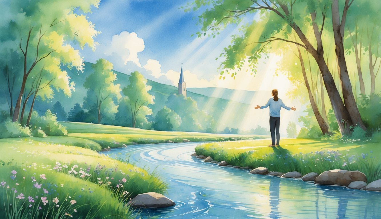 A person standing with open arms by a gentle river surrounded by trees, wildflowers, and hills with a church steeple in the distance under a sunny sky.