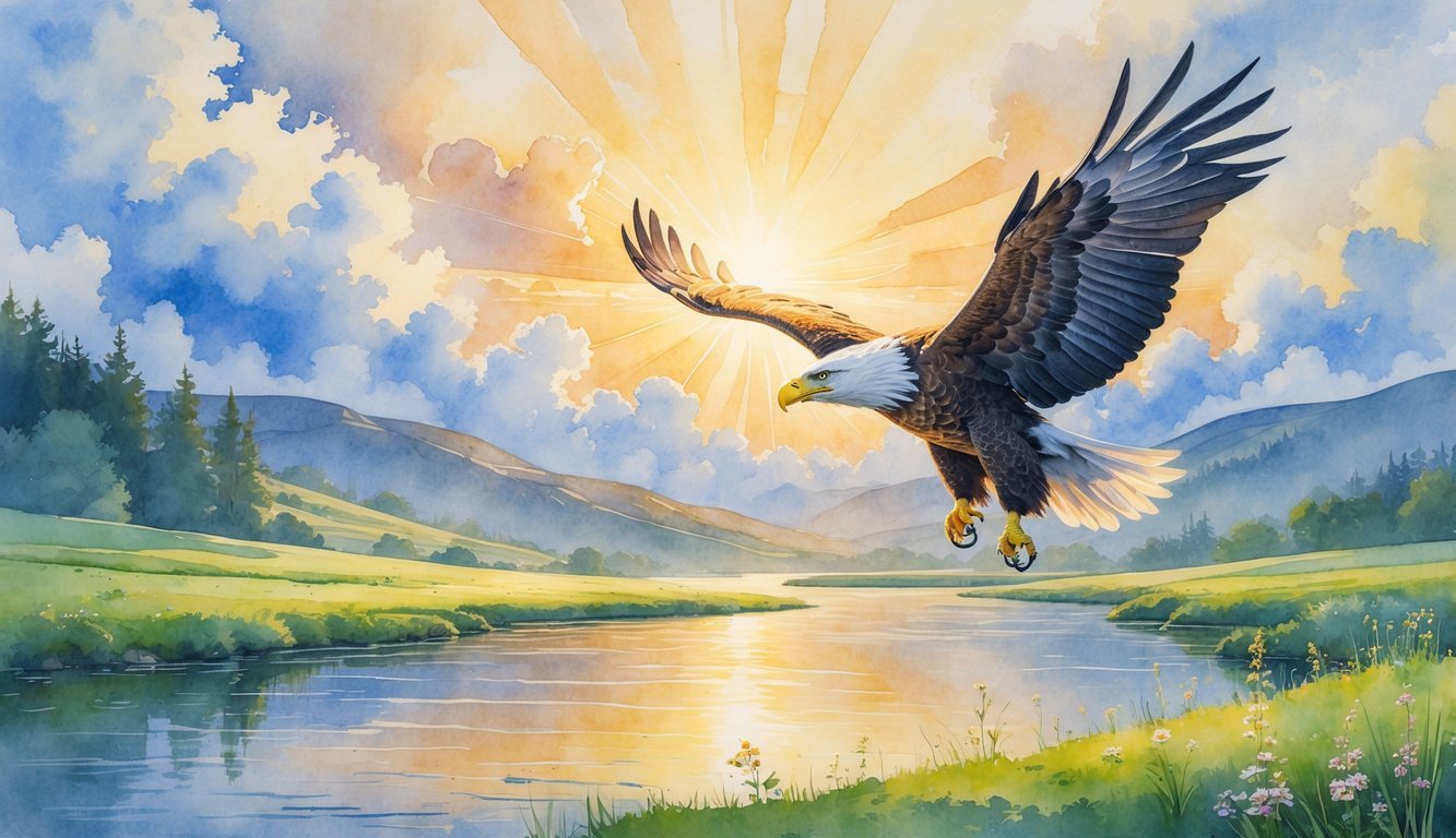 A sunrise over rolling hills with a soaring eagle above a calm river and blooming wildflowers.