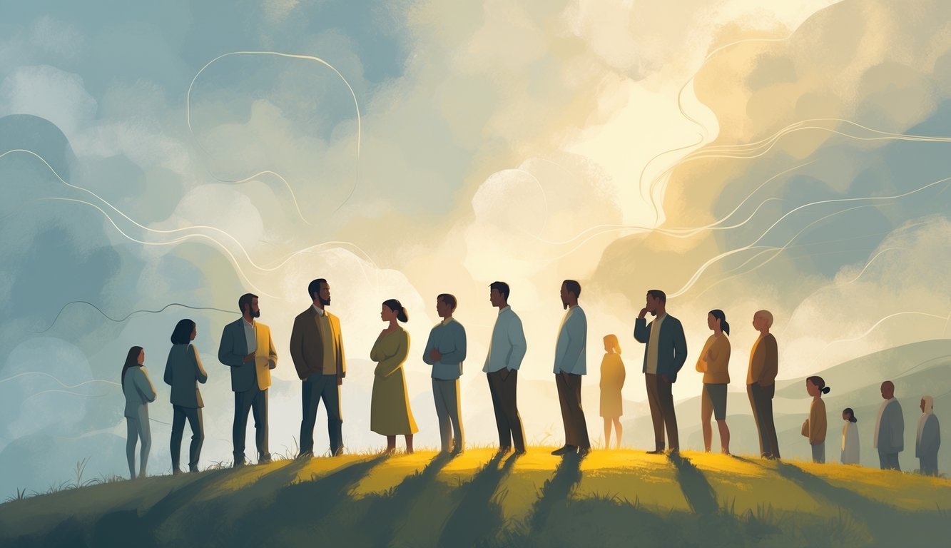 A group of people on a hillside with some looking confident and others appearing thoughtful or uncertain under a cloudy sky.