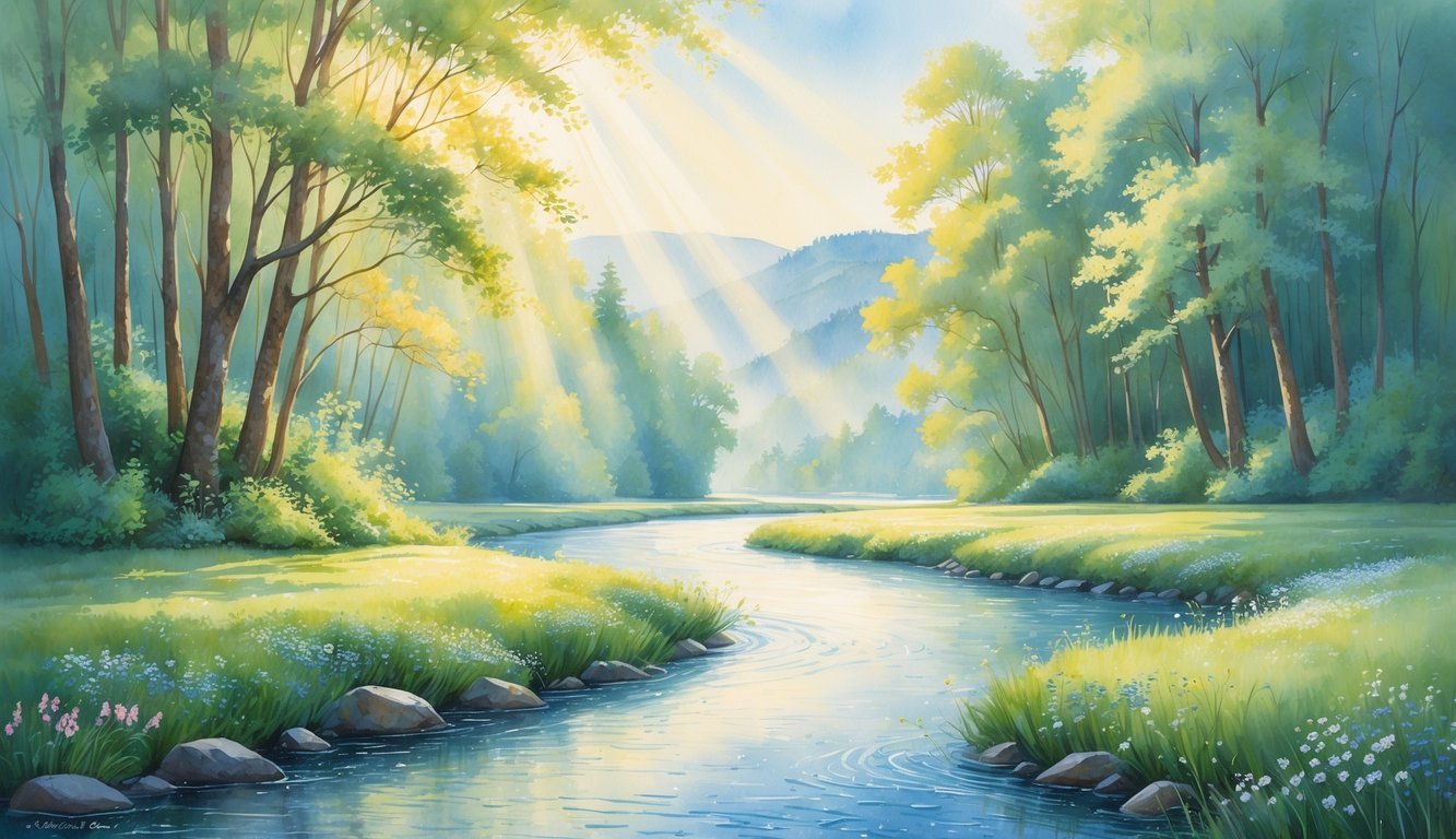 A peaceful river flowing through a green forest with wildflowers and soft sunlight filtering through the trees.