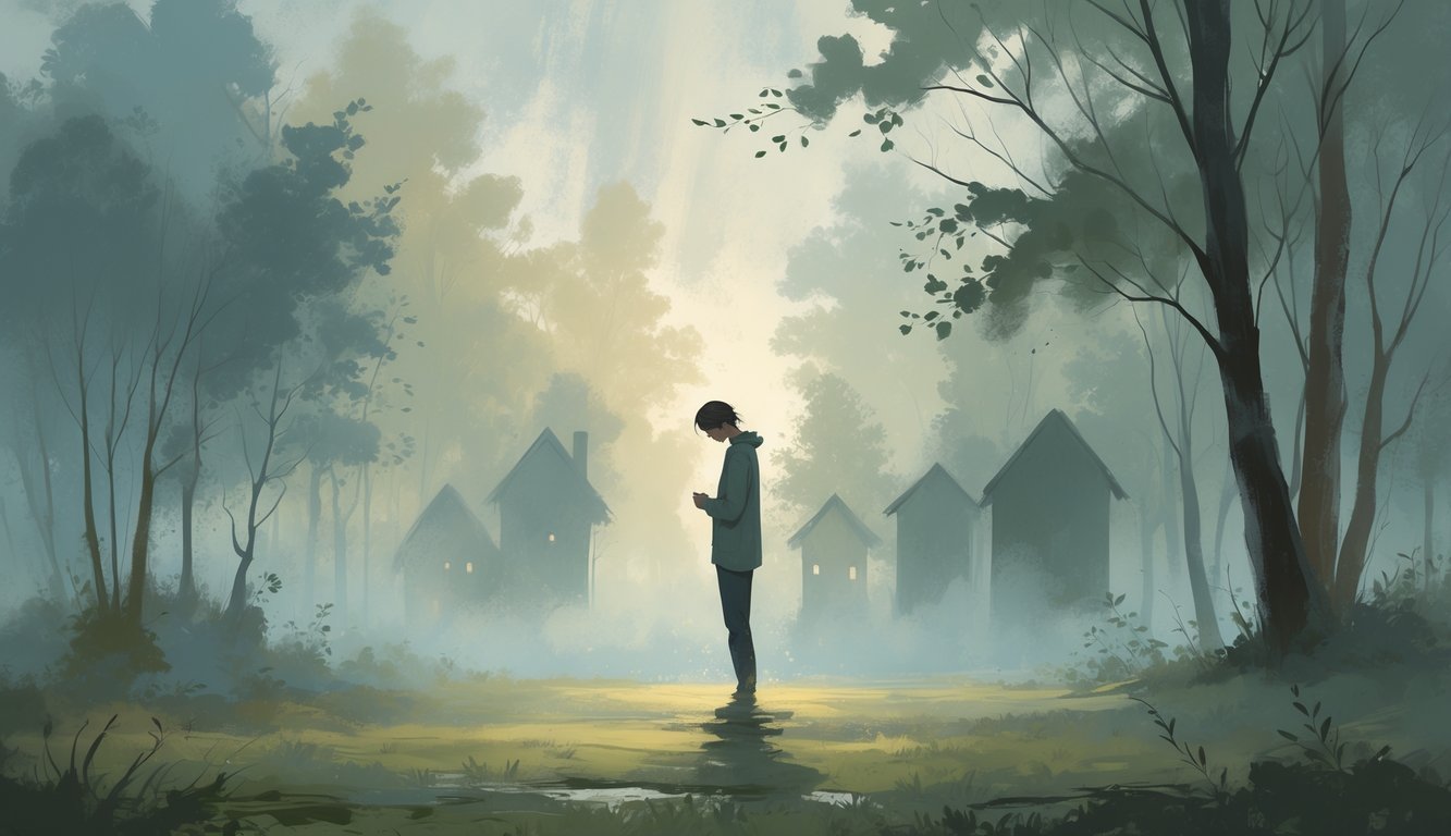 A person standing alone in a misty forest clearing, looking thoughtful and conflicted, with faint figures of a community in the background.