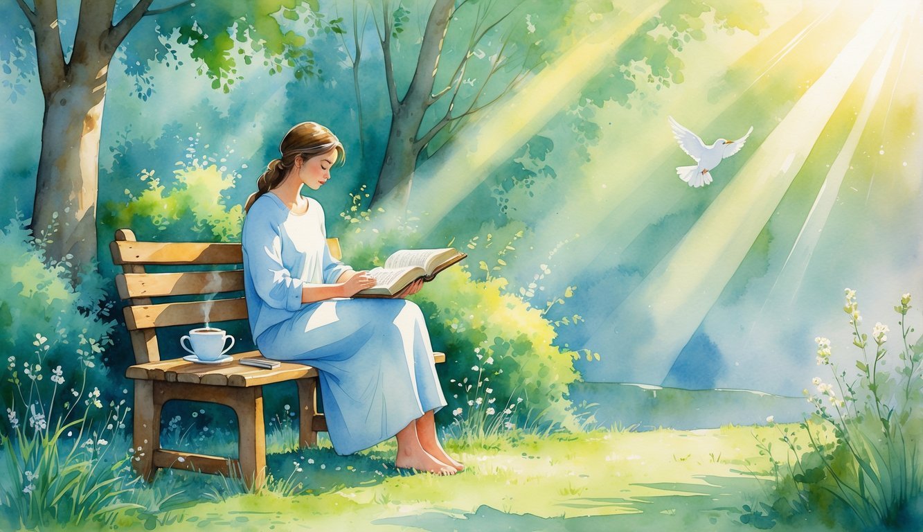 A person sitting on a bench in a garden holding an open Bible, surrounded by sunlight, trees, flowers, and a dove flying in the background.