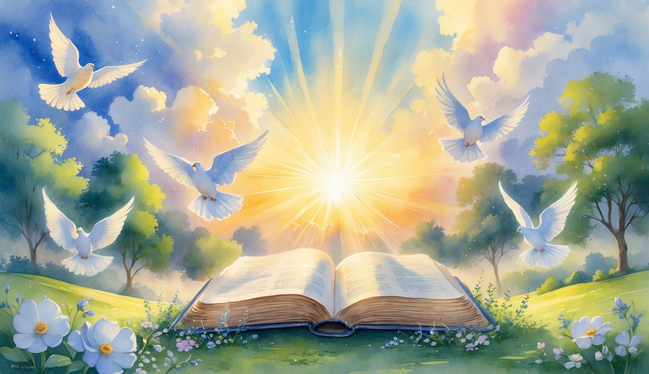 A peaceful landscape with a glowing open book, doves flying, and sunlight shining through trees and clouds.
