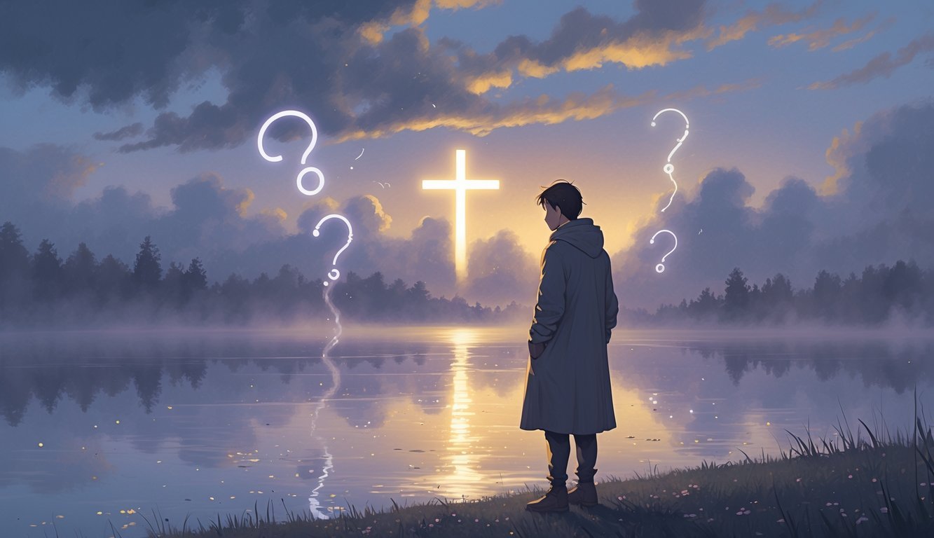 A person stands alone by a calm lake at dawn, looking toward a glowing cross partially hidden by clouds, surrounded by mist and soft light.