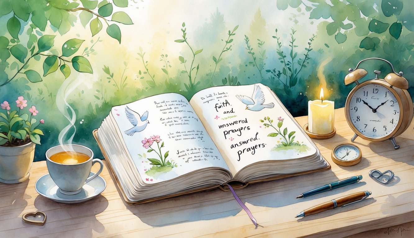 A peaceful morning scene with an open journal on a wooden table surrounded by objects like a Bible, candle, tea cup, and walking shoes, set in a calm garden with soft sunlight and greenery.
