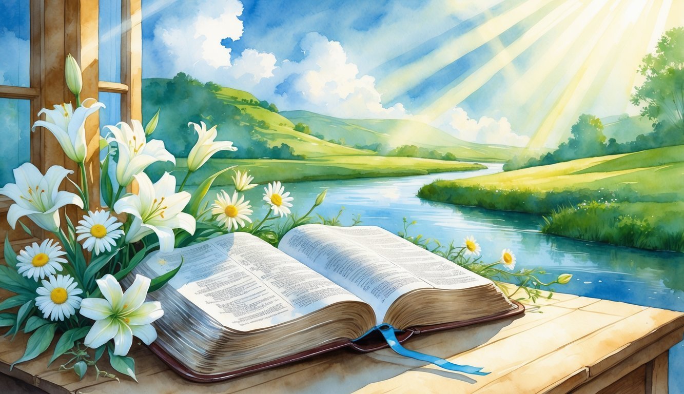 A peaceful morning scene with an open Bible on a wooden table surrounded by flowers, overlooking a calm river and green hills under a bright sky.