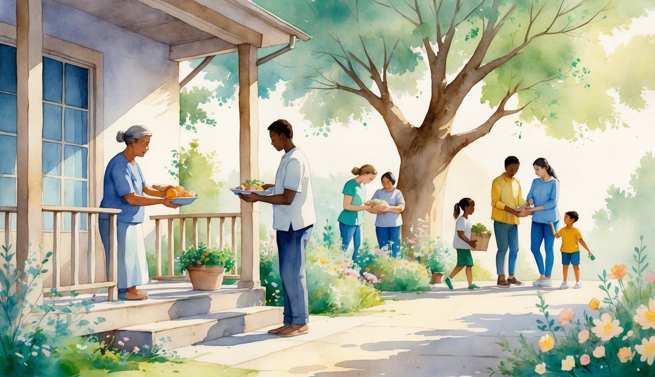People in a community helping each other with acts of kindness like sharing food and carrying groceries outdoors near a tree and flowers.