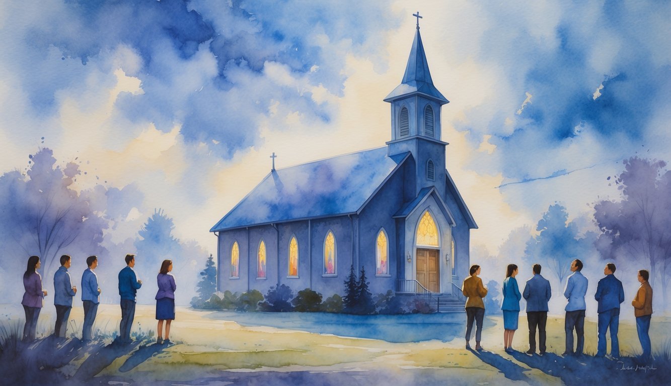 A church surrounded by people in a small community, some looking thoughtful and others talking, under a cloudy sky with rays of light breaking through.