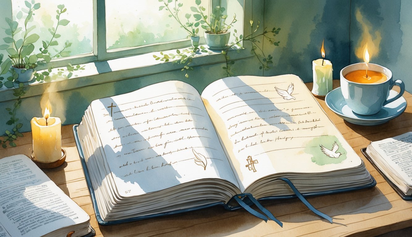 A peaceful morning scene with an open journal on a wooden table surrounded by a cup of tea, a lit candle, reading glasses, a Bible, and sunlight coming through a window with green plants.