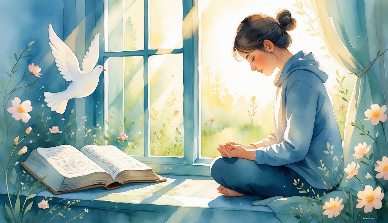 A person sitting quietly by a window in prayer, surrounded by soft light, an open Bible, a glowing dove, and peaceful natural elements like flowers and greenery.