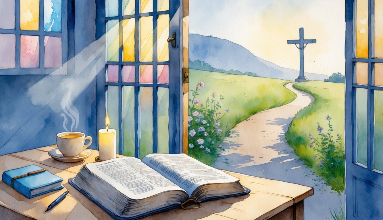 A peaceful morning scene with an open Bible on a table, hands clasped in prayer, a cup of tea, a lit candle, and a garden path leading to a distant cross on a hill.