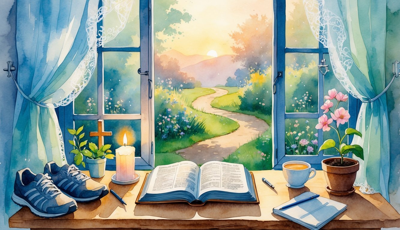 A person opening a Bible on a table near a window with sunlight, surrounded by items like running shoes, a notebook, a plant, and a cross on the wall, with a garden and path visible outside.
