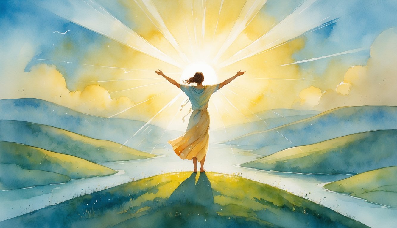 A person standing on a hilltop at sunrise with arms outstretched, surrounded by light and peaceful hills and a river.