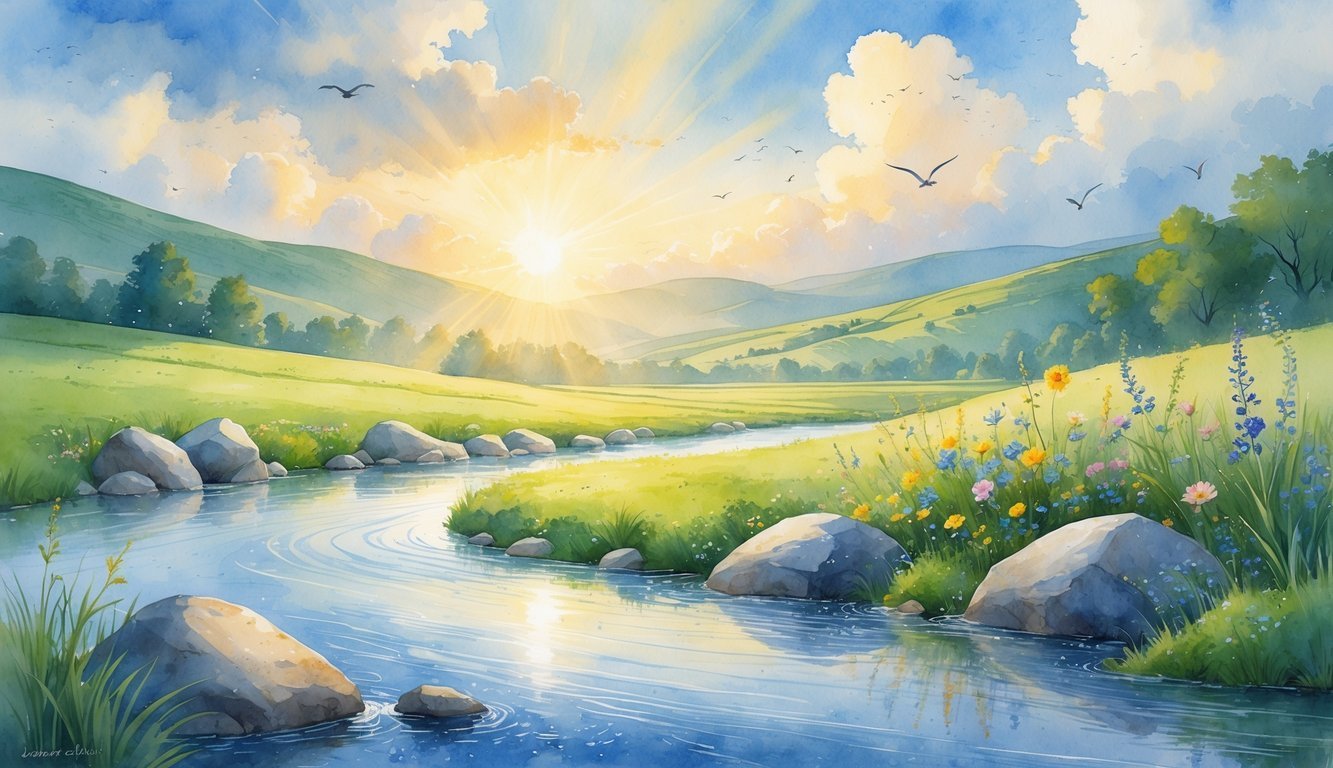 A peaceful river flowing through green hills with wildflowers and birds flying under a warm sunrise sky.