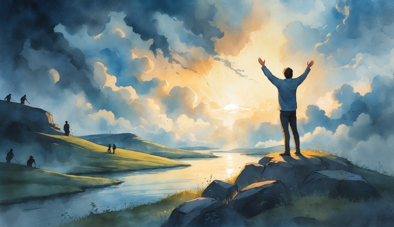 A person stands on a hilltop at sunrise with hands raised in prayer, light breaking through dark clouds, and shadowy figures retreating in the background.