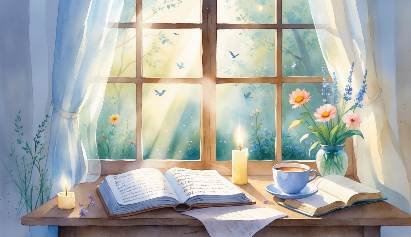 A peaceful morning scene with a wooden table by a window holding an open journal, a cup of tea, a vase of flowers, an open Bible, a lit candle, and hands clasped in prayer, with a garden visible outside.