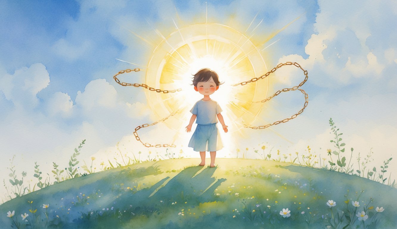 A child standing confidently on a hill with a glowing aura, surrounded by broken chains and a bright sky with flowers and greenery.