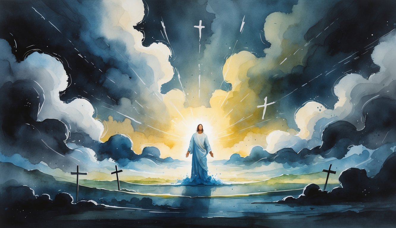 A person standing calmly amid a dark storm with light shining around them, symbolizing strength and hope during spiritual struggles.