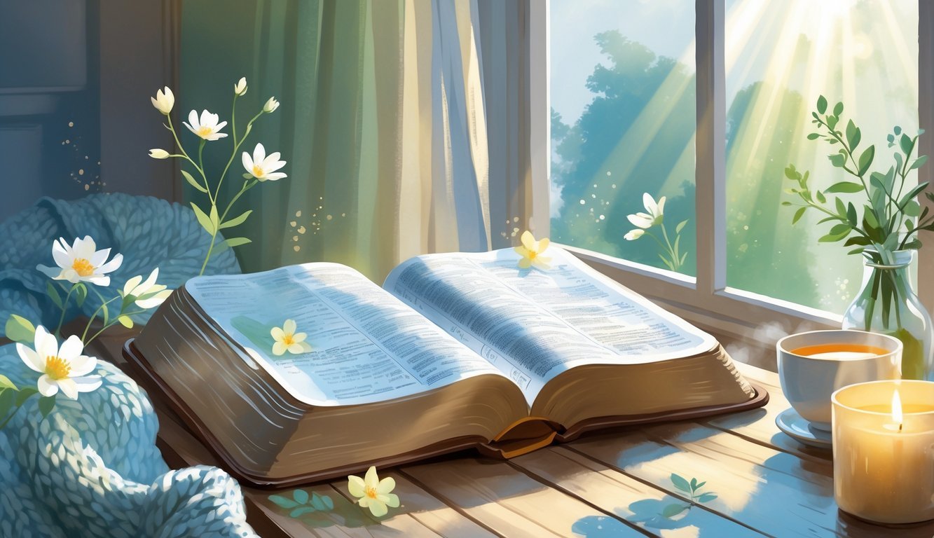 A peaceful morning scene with an open Bible on a wooden table near a sunlit window, surrounded by flowers, a cup of tea, and a small vase with greenery.