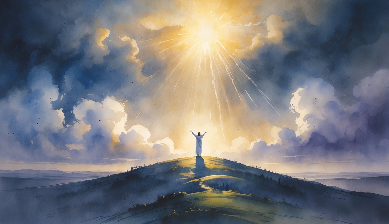 A person standing on a hill with arms raised as bright light shines through dark clouds above, symbolizing hope and faith.