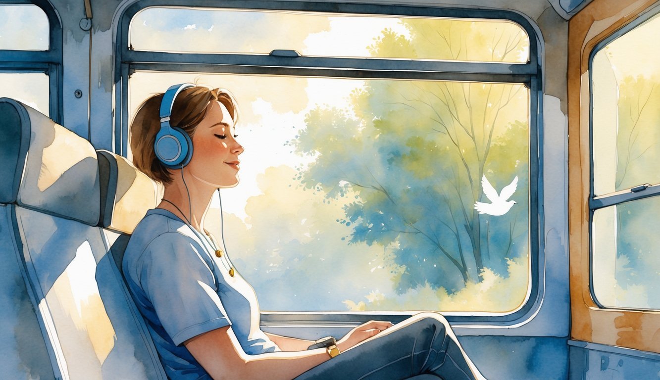 A person wearing headphones sits on a bus or train during a morning commute with sunlight and trees visible outside the window.