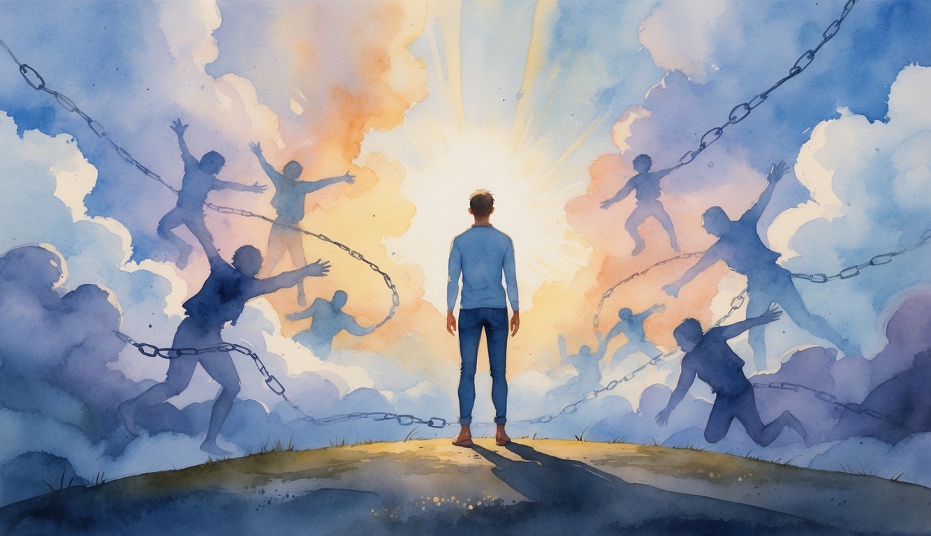 A person standing firmly on solid ground looking upward as faint shadowy shapes dissolve into light around them, with a glowing sunrise breaking through clouds in the background.