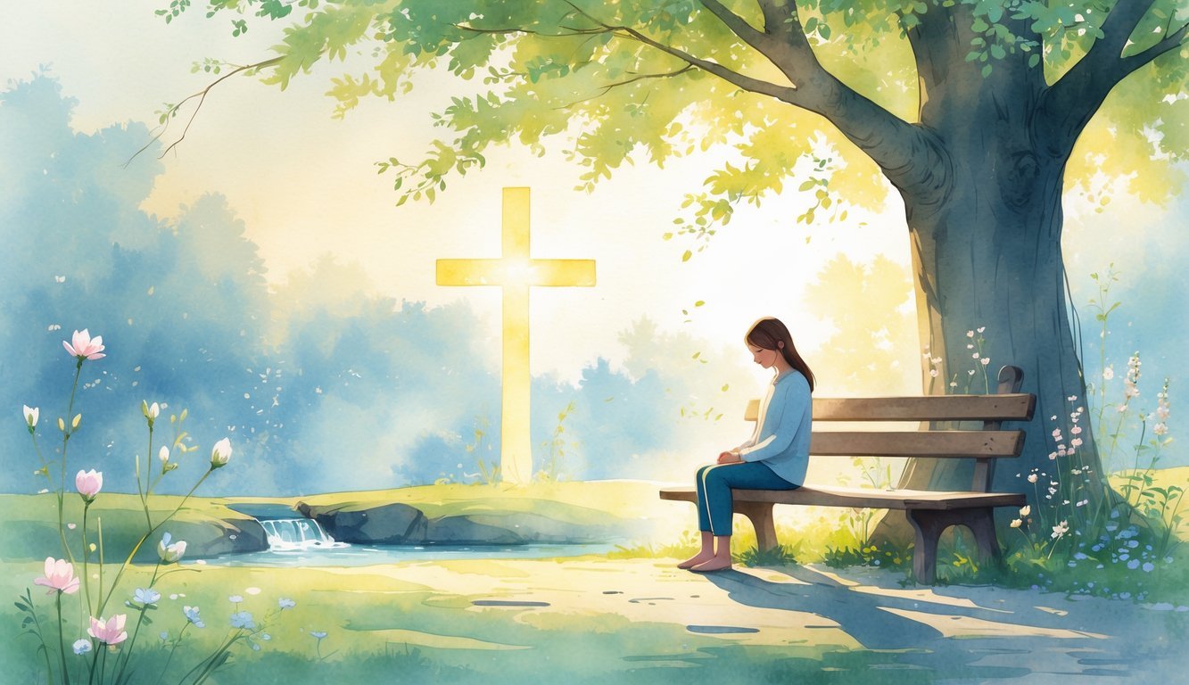 A person sitting quietly on a bench under a tree near a small stream, surrounded by flowers and soft sunlight.