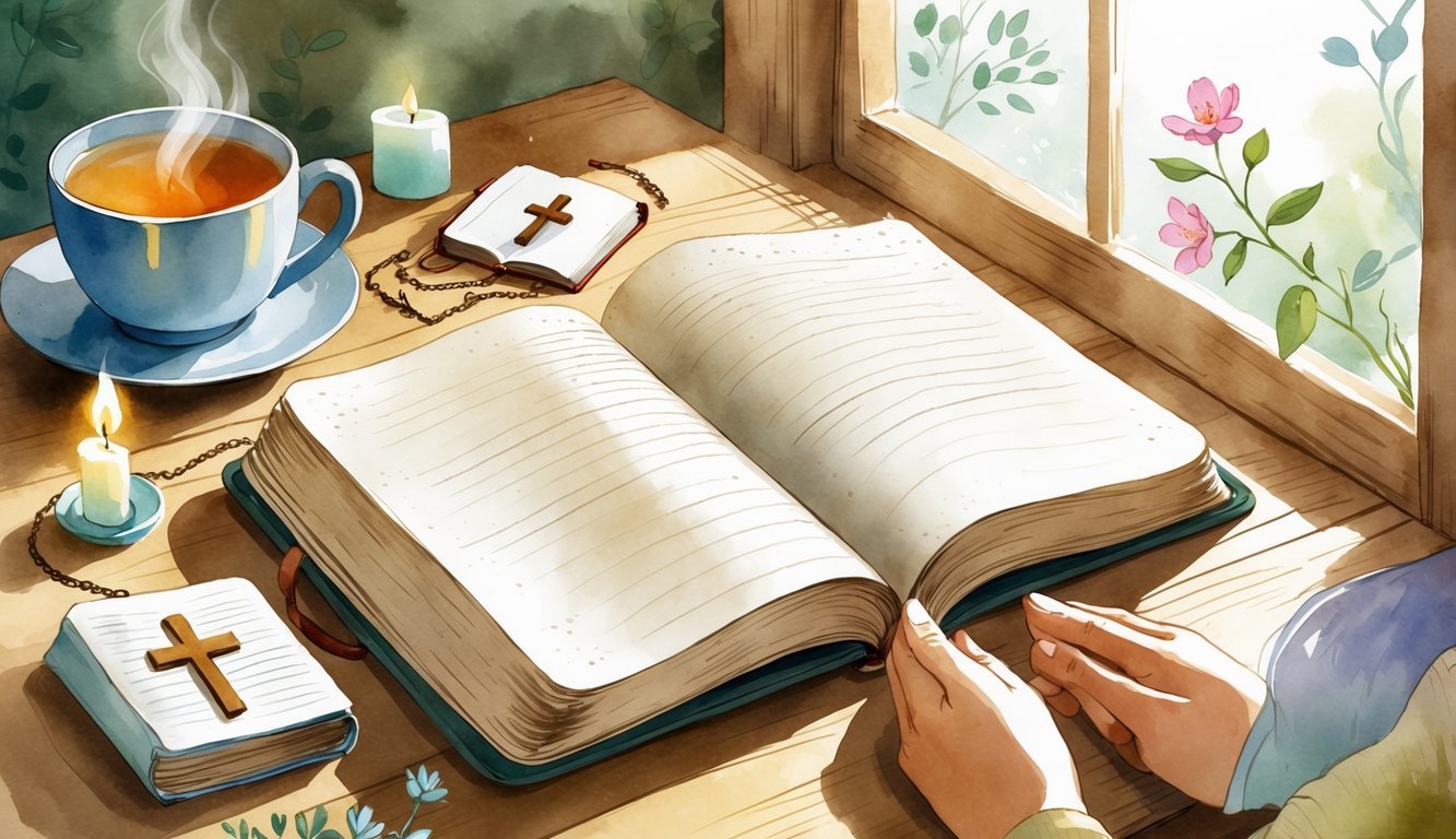 A cozy open journal on a wooden table surrounded by a cup of tea, a cross necklace, an open Bible, flowers, a lit candle, and hands clasped in prayer, with soft sunlight and leafy branches nearby.