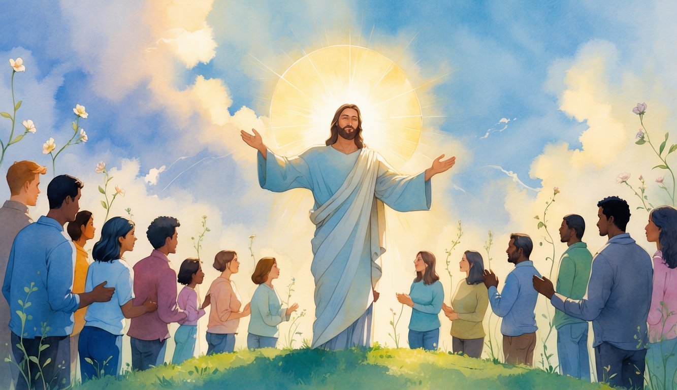 A radiant figure reaching out to a diverse group of hopeful people surrounded by blooming flowers and vines under a peaceful sky.