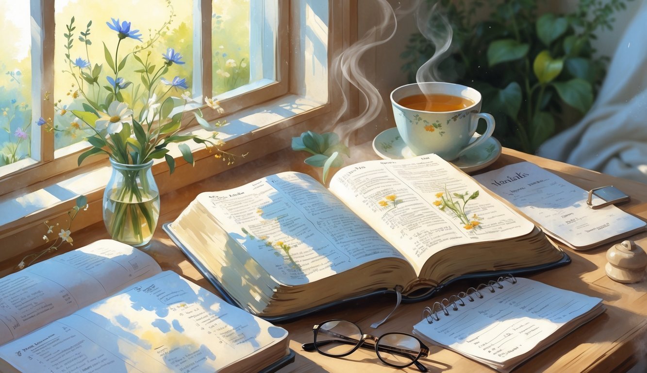 A peaceful morning scene with an open Bible, a cup of tea, wildflowers in a vase, and a calendar on a wooden table by a sunlit window.